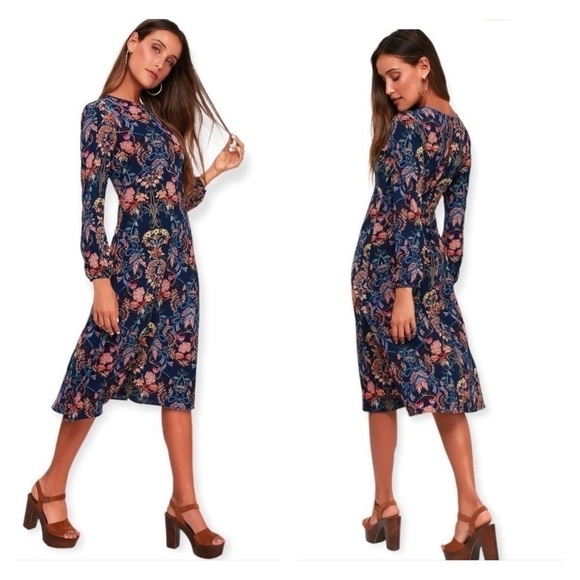 I. MADELINE Garden Splendor Navy Blue Floral Print Dress Medium - Picture 1 of 11